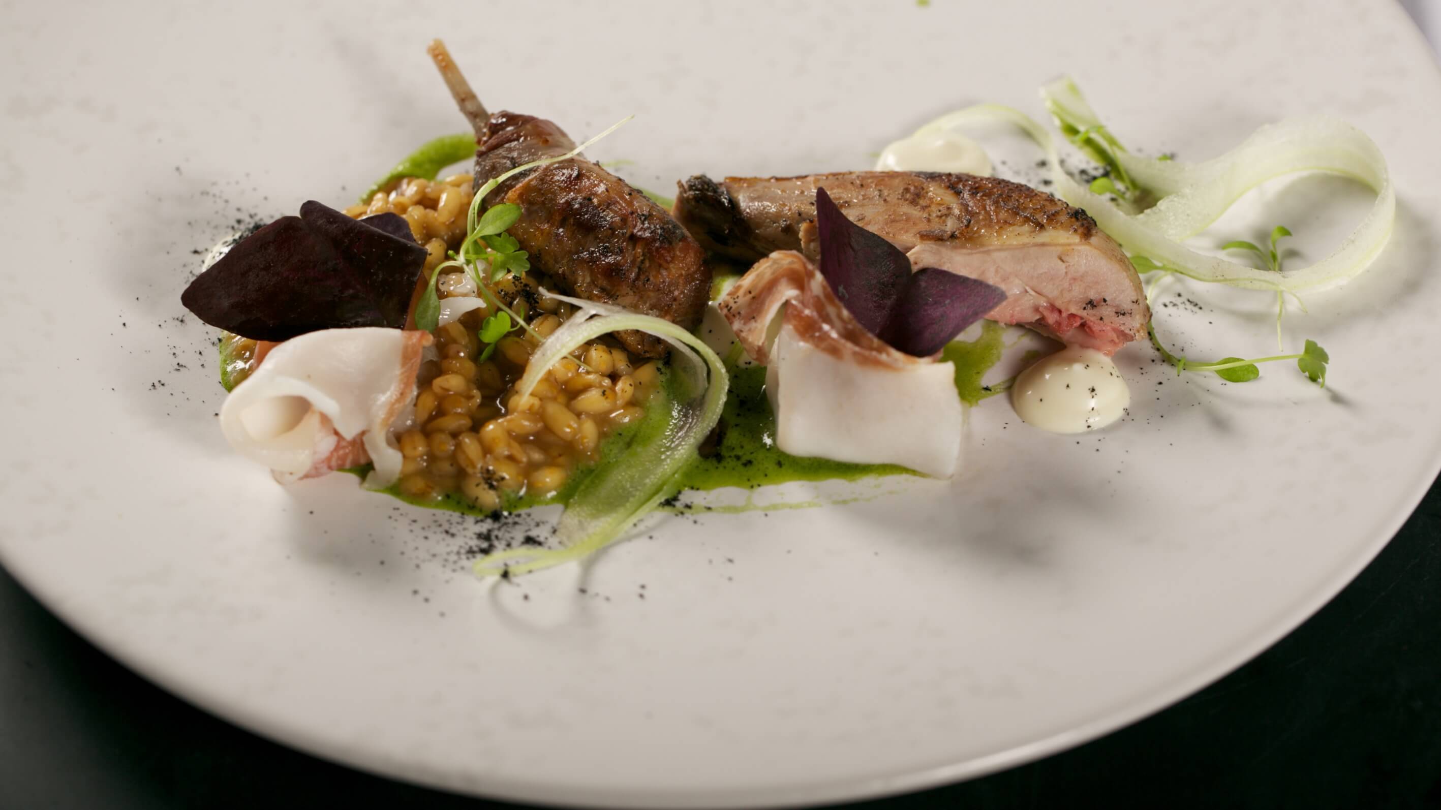 Breast and Leg of Partridge with Pickled Blackberry, Sorrel Emulsion, Pearl Barley and Jus